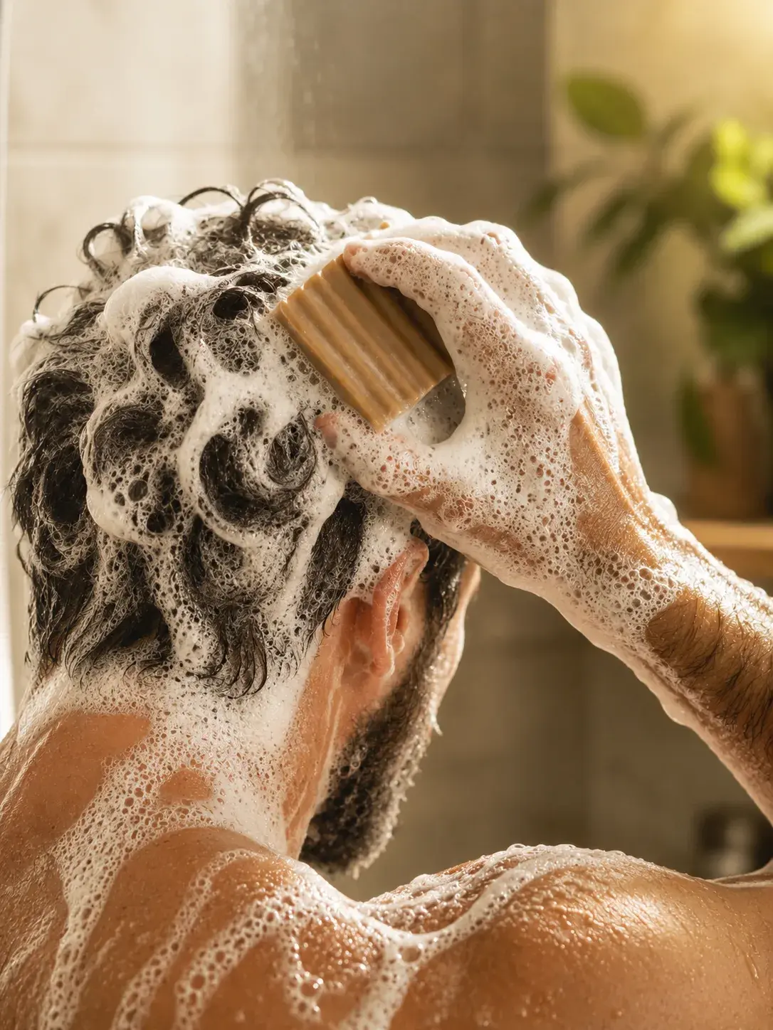 A man in the shower, seen from behind, working a tan soap bar into a thick lather through his dark hair with one hand.