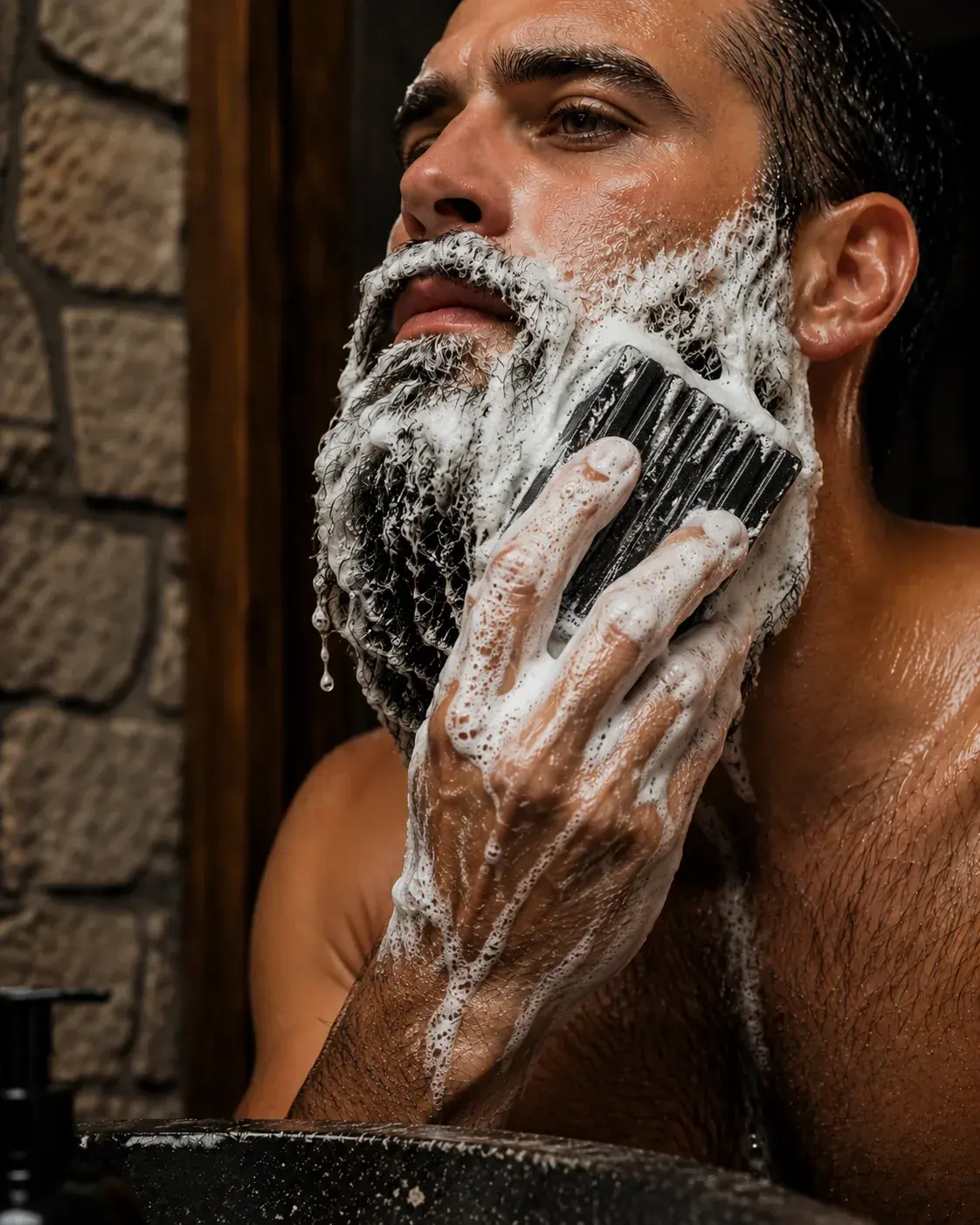 A close-up of a bearded man working a black soap bar into a thick lather through his beard with one hand.