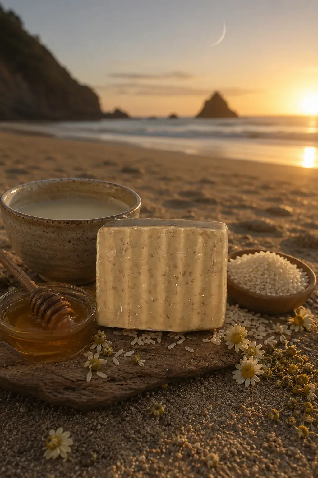 New Moons cleansing bar, a cream-colored cold process soap on driftwood at the shore, beside goat milk, honey, rice, and chamomile flowers beneath a crescent moon.
